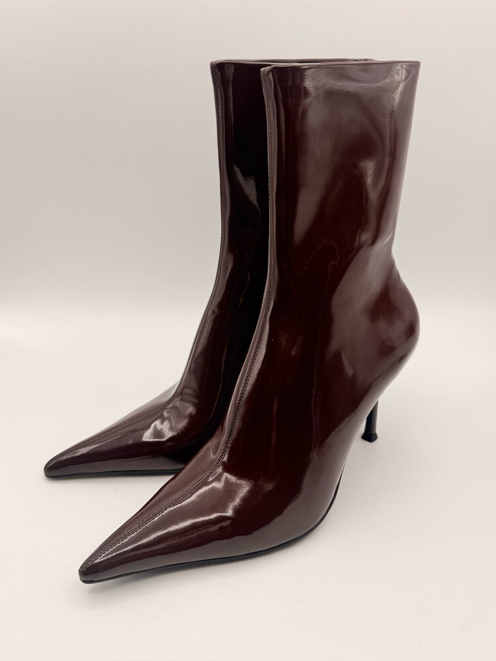 JEFFREY CAMPBELL Daring Stiletto Bootie Coffee Patent Pointed Toe NWOT